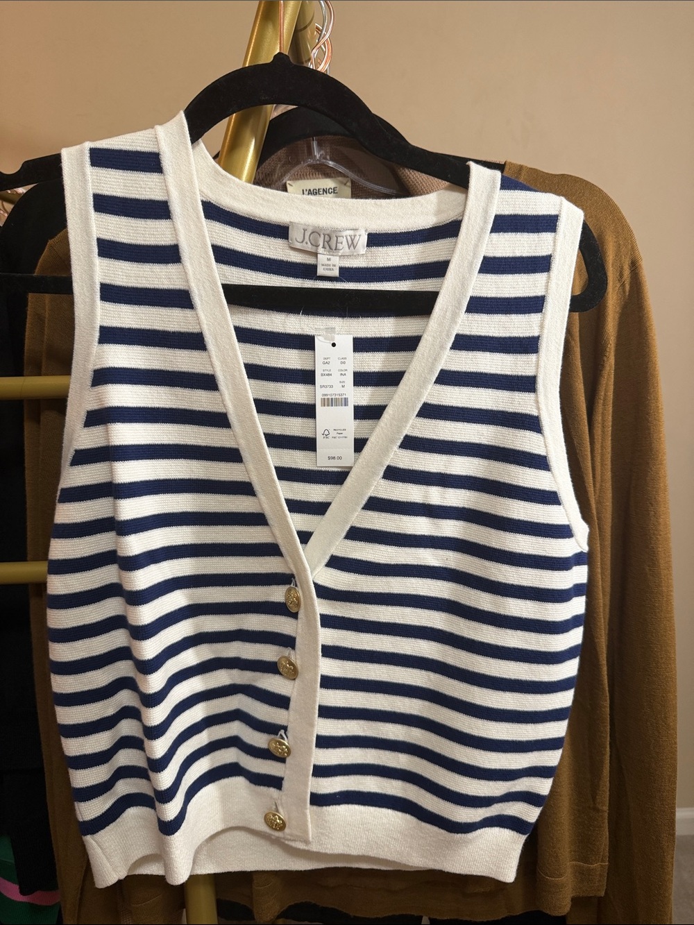 J. Crew Navy and White Striped Sleeveless Button Vest